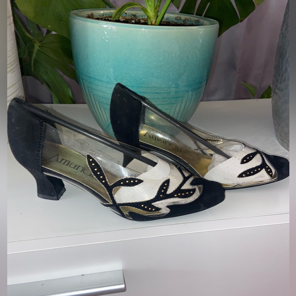 Vintage Amanda clear appliqué heels with gold detail size 7